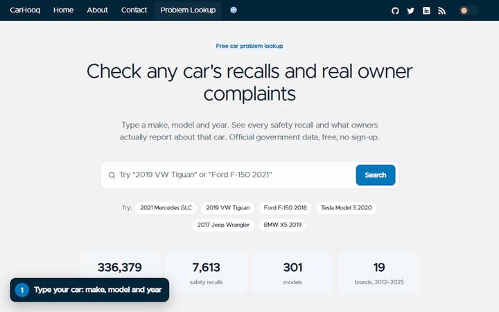 Demo: searching for a car and opening its problem report